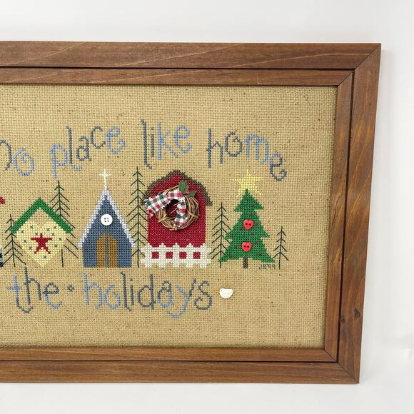 Framed Handmade Cross Stitch Home for the Holidays Tan w/Blue Red Green Yellow‎ - Picture 6 of 9